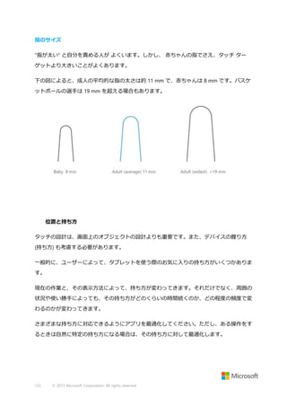 指のサイズ
"指が太い" と自分を責める人が よくいます。しかし、 赤ちゃんの指でさえ、タッチ ター
ゲットより大きいことがよくあります。
下の図によると、成人の平均的な指の太さは約 11 mm で、赤ちゃんは 8 mm です。バスケ
ットボールの選手は 19 mm を超える場合もあります。

位置と持ち方
タッチの設計は、画面上のオブジェクトの設計よりも重要です。また、デバイスの握り方
(持ち方) も考慮する必要があります。
一般的に、ユーザーによって、タブレットを使う際のお気に入りの持ち方がいくつかありま
す。
現在の作業と、その表示方法によって、持ち方が変わってきます。それだけでなく、周囲の
状況や使い勝手によっても、その持ち方がどのくらいの時間続くのか、どの程度の頻度で変
わるのかが変わってきます。
さまざまな持ち方に対応できるようにアプリを最適化してください。ただし、ある操作をす
るときは自然に特定の持ち方になる場合は、その持ち方に対して最適化します。

122

© 2013 Microsoft Corporation. All rights reserved.

 