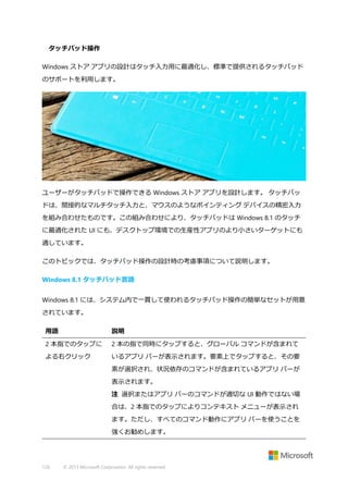 タッチパッド操作
Windows ストア アプリの設計はタッチ入力用に最適化し、標準で提供されるタッチパッド
のサポートを利用します。

ユーザーがタッチパッドで操作できる Windows ストア アプリを設計します。 タッチパッ
ドは、間接的なマルチタッチ入力と、マウスのようなポインティング デバイスの精密入力
を組み合わせたものです。この組み合わせにより、タッチパッドは Windows 8.1 のタッチ
に最適化された UI にも、デスクトップ環境での生産性アプリのより小さいターゲットにも
適しています。
このトピックでは、タッチパッド操作の設計時の考慮事項について説明します。
Windows 8.1 タッチパッド言語
Windows 8.1 には、システム内で一貫して使われるタッチパッド操作の簡単なセットが用意
されています。
用語

説明

2 本指でのタップに

2 本の指で同時にタップすると、グローバル コマンドが含まれて

よる右クリック

いるアプリ バーが表示されます。要素上でタップすると、その要
素が選択され、状況依存のコマンドが含まれているアプリ バーが
表示されます。
注 選択またはアプリ バーのコマンドが適切な UI 動作ではない場
合は、2 本指でのタップによりコンテキスト メニューが表示され
ます。ただし、すべてのコマンド動作にアプリ バーを使うことを
強くお勧めします。

126

© 2013 Microsoft Corporation. All rights reserved.

 