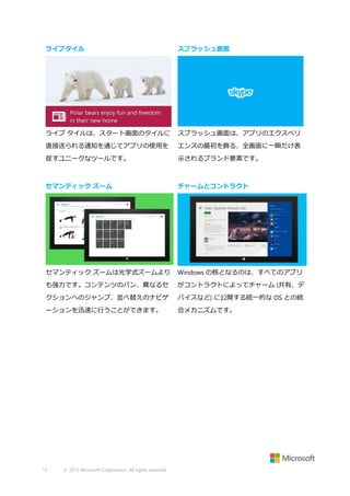 ライブタイル

スプラッシュ画面

ライブ タイルは、スタート画面のタイルに

スプラッシュ画面は、アプリのエクスペリ

直接送られる通知を通じてアプリの使用を

エンスの最初を飾る、全画面に一瞬だけ表

促すユニークなツールです。

示されるブランド要素です。

セマンティック ズーム

チャームとコントラクト

セマンティック ズームは光学式ズームより

Windows の核となるのは、すべてのアプリ

も強力です。コンテンツのパン、異なるセ

がコントラクトによってチャーム (共有、デ

クションへのジャンプ、並べ替えのナビゲ

バイスなど) に公開する統一的な OS との統

ーションを迅速に行うことができます。

合メカニズムです。

13

© 2013 Microsoft Corporation. All rights reserved.

 