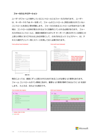 フォーカスとナビゲーション
ユーザーがフォームで操作しているコントロールにはフォーカスがあります。 ユーザー
は、キーボードの Tab キーを使って、フォームのコントロール (現在は表示されていない
コントロールを含む) 間を移動します。 フォーカスのあるコントロールが含まれるパン領
域は、コントロール全体が表示されるように自動的にパンされる必要があります。 フォー
カスがあるコントロールと、画面の端部またはタッチ キーボード (表示されている場合) の
上部との間は 30 ピクセル以上ある状態にして、さまざまなエッジ ジェスチャー、UI、テ
キスト選択グリッパー用にスペースを残しておく必要があります。

場合によっては、画面にずっと表示されたままであることが必要な UI 要素もあります。
フォーム コントロールがパン領域に含まれ、重要な UI 要素が静的であるように UI を設計
します。 たとえば、次のような場合です。

148

© 2013 Microsoft Corporation. All rights reserved.

 
