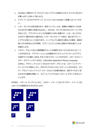 

ViewBox の固定サイズ プロパティをレイアウトの固定ピクセル サイズに合わせて
定義します (1366 x 768 など)。



アプリ バーなどのアダプティブ コントロールは ViewBox に配置しないでくださ
い。



レター ボックスの色を選びます。固定コントロールは、縦横比や画面サイズの変
化に合わせて動的に変更されません。そのため、サイズに合わせたスケーリングの
手法により、アプリのコンテンツが自動的に中央に配置され、レター ボックス化
されます (横方向または縦方向)。レター ボックス バーの色は、最上位アプリ レ
イアウトの色によって決まります。ハードウェアと調和する黒などの暗色、意図が
感じられる灰色などの中間色、アプリ コンテンツの色と調和する色を選ぶことを
お勧めします。



ベクター アセットまたは高解像度アセットを用意するサイズに合わせたスケーリ
ングの手法では、アプリケーションは大画面のデスクトップ モニター上でアプリ
の設計サイズの最大 200% のサイズまでスケーリングされます。スケーラブル ベ
クター グラフィックス (SVG)、Extensible Application Markup Language
(XAML)、デザイン プリミティブなどのベクター アセットは、スケーリング アー
ティファクトが発生したり、ぼやけたりすることなくスケーリングされます。ラス
ター アセット (ビットマップ イメージなど) が必要な場合は、設計サイズの 2 倍
の大きさの画像を用意して、スケール アップではなくスケール ダウンできるよう
にします。

次の図に、スケール アップしたときに、スカラー イメージ (右) がベクター イメージ (左)
と比べてどの程度劣化するかを示します。

163

© 2013 Microsoft Corporation. All rights reserved.

 