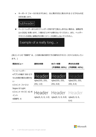 キーボード フォーカスを示すために、白と黒が交互に表示される 2 ピクセルの正



方形を使います。

ページ ヘッダーまたはサブヘッダーが長すぎて表示しきれない場合は、省略記号



(U+2026) を使います。3 個のピリオドは使わないでください。また、ヘッダー
テキストの末尾と省略記号の間にスペースを挿入しないでください。

(各エントリの "図番号" は、この表の後の図内でその番号のテキスト スタイルを示してい
ます。)
既定のビュー

通常の状態

ホバー状態
(不透明度: 80%)

押された状態
(不透明度: 40%)

ページ ヘッダー
•アプリの幅が 500 ピク
セル未満の場合は使わな
い

rgba(255, 255,

rgba(255, 255,

rgba(255, 255,

•フォント ファミリ:

255, 1.0)

255, 0.8)

255, 0.4)

rgba(0, 0, 0, 1.0)

rgba(0, 0, 0, 0.8)

rgba(0, 0, 0,

Segoe UI Light
•フォント サイズ: 42 ポ
イント
•図番号: A

189

© 2013 Microsoft Corporation. All rights reserved.

0.4)

 