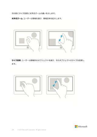 次の図にサイズ変更と光学式ズームの違いを示します。
光学式ズーム: ユーザーは領域を選び、領域全体を拡大します。

サイズ変更: ユーザーは領域内のオブジェクトを選び、そのオブジェクトのサイズを変更し
ます。

220

© 2013 Microsoft Corporation. All rights reserved.

 