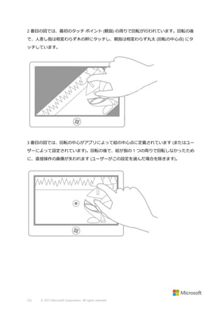 2 番目の図では、最初のタッチ ポイント (親指) の周りで回転が行われています。回転の後
で、人差し指は相変わらず木の幹にタッチし、親指は相変わらず丸太 (回転の中心点) にタ
ッチしています。

3 番目の図では、回転の中心がアプリによって絵の中心点に定義されています (またはユー
ザーによって設定されています)。回転の後で、絵が指の 1 つの周りで回転しなかったため
に、直接操作の画像が失われます (ユーザーがこの設定を選んだ場合を除きます)。

232

© 2013 Microsoft Corporation. All rights reserved.

 