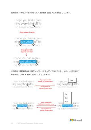 次の図は、グリッパーをドラッグして選択範囲を調整する方法を示しています。

次の図は、選択範囲内またはグリッパー上でタップしてコンテキスト メニューを呼び出す
方法を示しています (長押しを使うこともできます)。

243

© 2013 Microsoft Corporation. All rights reserved.

 