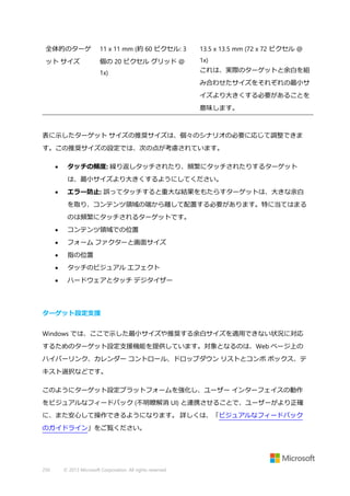 全体的のターゲ

11 x 11 mm (約 60 ピクセル: 3

13.5 x 13.5 mm (72 x 72 ピクセル @

ット サイズ

個の 20 ピクセル グリッド @

1x)

1x)

これは、実際のターゲットと余白を組
み合わせたサイズをそれぞれの最小サ
イズより大きくする必要があることを
意味します。

表に示したターゲット サイズの推奨サイズは、個々のシナリオの必要に応じて調整できま
す。この推奨サイズの設定では、次の点が考慮されています。


タッチの頻度: 繰り返しタッチされたり、頻繁にタッチされたりするターゲット
は、最小サイズより大きくするようにしてください。



エラー防止: 誤ってタッチすると重大な結果をもたらすターゲットは、大きな余白
を取り、コンテンツ領域の端から離して配置する必要があります。特に当てはまる
のは頻繁にタッチされるターゲットです。



コンテンツ領域での位置



フォーム ファクターと画面サイズ



指の位置



タッチのビジュアル エフェクト



ハードウェアとタッチ デジタイザー

ターゲット設定支援
Windows では、ここで示した最小サイズや推奨する余白サイズを適用できない状況に対応
するためのターゲット設定支援機能を提供しています。対象となるのは、Web ページ上の
ハイパーリンク、カレンダー コントロール、ドロップダウン リストとコンボ ボックス、テ
キスト選択などです。
このようにターゲット設定プラットフォームを強化し、ユーザー インターフェイスの動作
をビジュアルなフィードバック (不明瞭解消 UI) と連携させることで、ユーザーがより正確
に、また安心して操作できるようになります。 詳しくは、「ビジュアルなフィードバック
のガイドライン」をご覧ください。

250

© 2013 Microsoft Corporation. All rights reserved.

 