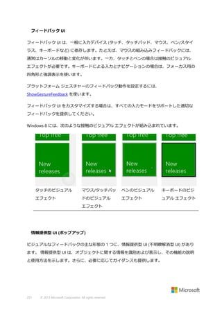 フィードバック UI
フィードバック UI は、一般に入力デバイス (タッチ、タッチバッド、マウス、ペン/スタイ
ラス、キーボードなど) に依存します。たとえば、マウスの組み込みフィードバックには、
通常はカーソルの移動と変化が伴います。一方、タッチとペンの場合は接触のビジュアル
エフェクトが必要です。キーボードによる入力とナビゲーションの場合は、フォーカス用の
四角形と強調表示を使います。
プラットフォーム ジェスチャーのフィードバック動作を設定するには、
ShowGestureFeedback を使います。
フィードバック UI をカスタマイズする場合は、すべての入力モードをサポートした適切な
フィードバックを提供してください。
Windows 8 には、次のような接触のビジュアル エフェクトが組み込まれています。

タッチのビジュアル

マウス/タッチパッ

ペンのビジュアル

キーボードのビジ

エフェクト

ドのビジュアル

エフェクト

ュアル エフェクト

エフェクト

情報提供型 UI (ポップアップ)
ビジュアルなフィードバックの主な形態の 1 つに、情報提供型 UI (不明瞭解消型 UI) があり
ます。 情報提供型 UI は、オブジェクトに関する情報を識別および表示し、その機能の説明
と使用方法を示します。さらに、必要に応じてガイダンスも提供します。

253

© 2013 Microsoft Corporation. All rights reserved.

 
