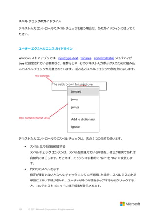 スペル チェックのガイドライン
テキスト入力コントロールでスペル チェックを使う場合は、次のガイドラインに従ってく
ださい。

ユーザー エクスペリエンス ガイドライン
Windows ストア アプリでは、input type=text、textarea、contentEditable プロパティが
true に設定されている要素など、複数行と単一行のテキスト入力ボックスのために組み込
みのスペル チェックが用意されています。 組み込みスペル チェックの例を次に示します。

テキスト入力コントロールでのスペル チェックは、次の 2 つの目的で使います。
•

スペル ミスを自動修正する
スペル チェック エンジンは、スペルを間違えている単語を、修正が確実であれば
自動的に修正します。たとえば、エンジンは自動的に "teh" を "the" に変更しま
す。

•

代わりのスペルを示す
修正が確実でないとスペル チェック エンジンが判断した場合、スペル ミスのある
単語には赤い下線が引かれ、ユーザーがその単語をタップするか右クリックする
と、コンテキスト メニューに修正候補が表示されます。

269

© 2013 Microsoft Corporation. All rights reserved.

 