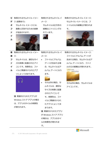 ビ 取得されるサムネイル イメー

取得されるサムネイル イ

デ ジ (装飾あり):

メージ:

取得されるサムネイル イメージ:
サムネイル イメージには、フ

オ

サムネイル イメージには、

サムネイルは正方形の

ァイルの元の縦横比が使われま

フ

画像と区別するための装飾

縦横比にトリミングさ

す。

ァ

が追加されます。

れています。

イ
ル

音 取得されるサムネイル イメー

取得されるサムネイル イ

楽 ジ:

メージ:

フ

サムネイルは、適切なサイ



ァ

取得されるサムネイル イメージ:
ファイルにアルバム アートが

ファイルにアルバム

含まれる場合、サムネイルはア

ズの背景に配置されたアイ

アートが含まれる場

ルバム アートになり、ファイ

イ

コンです。背景色は、ファ

合、サムネイルはア

ルの元の縦横比が使われます。

ル

イルに関連付けられたアプ

ルバム アートになり

リによって決まります。

ます。

それ以外の場合、サ

それ以外の場合、サムネイルは

ムネイルは、適切な



アイコンです。

サイズの背景に配置
されたアイコンで
注 関連付けられたアプリが

す。背景色は、ファ

Windows ストア アプリの場合

イルに関連付けられ

は、アプリのタイルの背景色

たアプリによって決

が使われます。

まります。
注 関連付けられたアプリ
が Windows ストア アプリ
の場合は、アプリのタイ
ルの背景色が使われま
す。

273

© 2013 Microsoft Corporation. All rights reserved.

 