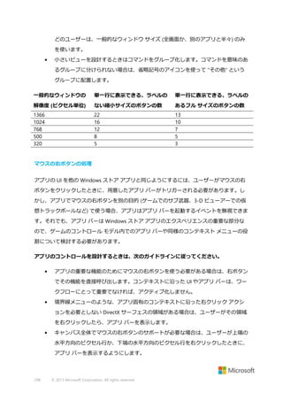 どのユーザーは、一般的なウィンドウ サイズ (全画面か、別のアプリと半々) のみ
を使います。
•

小さいビューを設計するときはコマンドをグループ化します。コマンドを意味のあ
るグループに分けられない場合は、省略記号のアイコンを使って "その他" という
グループに配置します。

一般的なウィンドウの

単一行に表示できる、ラベルの

単一行に表示できる、ラベルの

解像度 (ピクセル単位)

ない縮小サイズのボタンの数

あるフル サイズのボタンの数

1366
1024
768
500
320

22
16
12
8
5

13
10
7
5
3

マウスの右ボタンの処理
アプリの UI を他の Windows ストア アプリと同じようにするには、ユーザーがマウスの右
ボタンをクリックしたときに、用意したアプリ バーがトリガーされる必要があります。し
かし、アプリでマウスの右ボタンを別の目的 (ゲームでのサブ武器、3-D ビューアーでの仮
想トラックボールなど) で使う場合、アプリはアプリ バーを起動するイベントを無視できま
す。それでも、アプリ バーは Windows ストア アプリのエクスペリエンスの重要な部分な
ので、ゲームのコントロール モデル内でのアプリ バーや同様のコンテキスト メニューの役
割について検討する必要があります。
アプリのコントロールを設計するときは、次のガイドラインに従ってください。
•

アプリの重要な機能のためにマウスの右ボタンを使う必要がある場合は、右ボタン
でその機能を直接呼び出します。コンテキストに沿った UI やアプリ バーは、ワー
クフローにとって重要でなければ、アクティブ化しません。

•

境界線メニューのような、アプリ固有のコンテキストに沿った右クリック アクシ
ョンを必要としない DirectX サーフェスの領域がある場合は、ユーザーがその領域
を右クリックしたら、アプリ バーを表示します。

•

キャンバス全体でマウスの右ボタンのサポートが必要な場合は、ユーザーが上端の
水平方向のピクセル行か、下端の水平方向のピクセル行を右クリックしたときに、
アプリ バーを表示するようにします。

298

© 2013 Microsoft Corporation. All rights reserved.

 