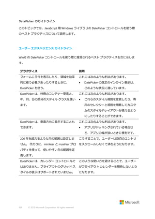 DatePicker のガイドライン
このトピックでは、JavaScript 用 Windows ライブラリの DatePicker コントロールを使う際
のベスト プラクティスについて説明します。

ユーザー エクスペリエンス ガイドライン
WinJS の DatePicker コントロールを使う際に推奨されるベスト プラクティスを次に示しま
す。
プラクティス

説明

フォームに日付を表示したり、領域を効率

これには次のような利点があります。

的に使う必要があったりするときに、



DatePicker を使う。

DatePicker の既定のインライン表示は、
このような状況に適しています。

DatePicker は、外側のコンテナー要素と、

これには次のような利点があります。

年、月、日の部分のスタイル クラスを使い



ます。

これらのスタイル規則を変更したり、専
用のセレクターと規則を用意してカスタ
ムのスタイルやレイアウトが使えるよう
にしたりすることができます。

DatePicker は、垂直方向に表示することも

これには次のような利点があります。

できます。



アプリがドッキングされている場合な
ど、アプリの幅が狭いときに便利です。

200 年を超えるような年の範囲は設定しま

こうすることで、ユーザーは数百のエントリ

せん。 代わりに、minYear と maxYear プロ

をスクロールしなくて済むようになります。

パティを使って、使いやすい年の範囲を定
義します。
DatePicker は、カレンダー コントロールで

このような使い方を避けることで、ユーザー

はありません。フライアウトのグリッド ス

がフライアウト カレンダーを期待しないよう

タイルの表示はサポートされていません。

になります。

309

© 2013 Microsoft Corporation. All rights reserved.

 