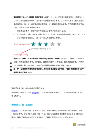 平均評価とユーザー評価を同時に表示します。 ユーザーが評価を指定すると、評価コント
ロールは平均評価ではなく、ユーザーの評価を表示します。ユーザーにとって意味がある
場合は常に、ユーザーの評価の他に平均ユーザー評価も表示します。平均評価を表示する
には、次の 2 つの方法があります。


付随するテキスト文字列に平均を表示します ("平均: 3.5" など)。



2 つの評価コントロールを一緒に使い、1 つにはユーザー評価を表示します。もう 1 つ
には平均評価を表示し、ユーザーの入力は許可しません。

必要でない限り、既定の星の数 (最高評価) を変更しません。既定では、評価コントロール
非
推
奨

には 5 つの星があります。1 が最低、最悪の評価で、5 が最高、最良の評価です。 アプリ
がこの慣例に従っていると、ユーザーは評価の意味を簡単に理解できます。
ユーザーが自分の評価を削除できないようにする必要がない限り、"自分の評価のクリア"
機能を無効にしません。

プログレス コントロールのガイドライン
Windows ストア アプリに progress コントロールを追加するには、次のガイドラインに従っ
てください。

適切なコントロールの選択
progress コントロールは、完了までに 2 秒より長い時間がかかる操作の進行状況をユーザ
ーに示します。プログレス コントロールは、完了したおおよその割合を示したり (進行状況
確定)、操作が進行中であることを示したり (進行状況不定) することができます。

325

© 2013 Microsoft Corporation. All rights reserved.

 