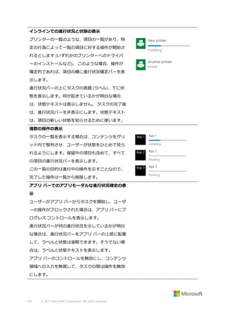 インラインでの進行状況と状態の表示
プリンターの一覧のような、項目の一覧があり、特
定の行為によって一覧の項目に対する操作が開始さ
れるとします (いずれかのプリンターへのドライバ
ーのインストールなど)。 このような場合、操作が
確定的であれば、項目の横に進行状況確定バーを表
示します。
進行状況バーの上にタスクの表題 (ラベル)、下に状
態を表示します。何が起きているかが明白な場合
は、状態テキストは表示しません。 タスクの完了後
は、進行状況バーを非表示にします。状態テキスト
は、項目の新しい状態を知らせるために使います。
複数の操作の表示
タスクの一覧を表示する場合は、コンテンツをグリ
ッド内で整列させ、ユーザーが状態をひとめで見ら
れるようにします。保留中の項目も含めて、すべて
の項目の進行状況バーを表示します。
この一覧の目的は進行中の操作を示すことなので、
完了した操作は一覧から削除します。
アプリ バーでのアプリモーダルな進行状況確定の表
示
ユーザーがアプリ バーからタスクを開始し、ユーザ
ーの操作がブロックされた場合は、アプリ バーにプ
ログレス コントロールを表示します。
進行状況バーが何の進行状況を示しているかが明白
な場合は、進行状況バーをアプリ バーの上部に配置
して、ラベルと状態は省略できます。そうでない場
合は、ラベルと状態テキストを表示します。
アプリ バーのコントロールを無効にし、コンテンツ
領域への入力を無視して、タスクの間は操作を無効
にします。

330

© 2013 Microsoft Corporation. All rights reserved.

 