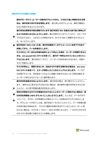 確定的タスクの推奨と非推奨
操作がモーダルで (ユーザーの操作がブロックされ)、10 秒より長い時間がかかる場
合は、操作を取り消す方法を用意します。 取り消しのオプションは、操作が開始さ
れると利用できるようになります。
進行状況の更新を均等な間隔で行います 進行状況が 80% を超えた後で長い間停止す
るような状況にならないようにします。進行が終わりに近づくにつれて、スピードが
推 下がるのではなく、上がることが望まれます。0% から 90% に飛躍するようなこと
も、ないようにします。
奨 進行状況が 100% になった後、進行状況確定バーがアニメーションを終了するまで
待機してから、バーを非表示にします。
タスクがユーザーまたは外部の条件によって停止した場合、ユーザーが再開できると
きは、win-paused CSS スタイルを使って、進行が一時停止されていることをビジュ
アルに示します。 進行状況バーの下に、ユーザーに状況を知らせるために、状態テ
キストを表示します。
タスクが停止し、再開できないか、始めからやり直す必要がある場合は、win-error
CSS スタイルを使って、エラーが発生したことをビジュアルに示します。 バーの下
の状態テキストを、何が起きてどのように問題に対処すればよいか (可能な場合) を
ユーザーに知らせるメッセージに置き換えます。
進行状況を後退させないようにします。 進行状況の値は、常に増えていくようにし
ます。 操作を元に戻さなければならない場合は、他の操作の進行状況を示すのと同
非 じように、元に戻す処理の進行状況を示します。
現在の手順またはタスクが最後のものでないことがユーザーに明白でない場合は、進
推
奨

行状況を再開始 (100% から 0% に) しないようにします。 たとえば、データのダウ
ンロードと、そのデータの処理および表示という 2 つの部分がタスクにあるとしま
す。ダウンロードが完了した後、進行状況バーを 0% にリセットし、データ処理の進
行状況の表示を始めます。 タスクに複数の手順が含まれていることがユーザーに明
白でない場合は、タスクを 1 つの 0 ～ 100% の尺度にまとめて、1 つのタスクから次
のタスクに移る際に状態テキストを更新します。

331

© 2013 Microsoft Corporation. All rights reserved.

 