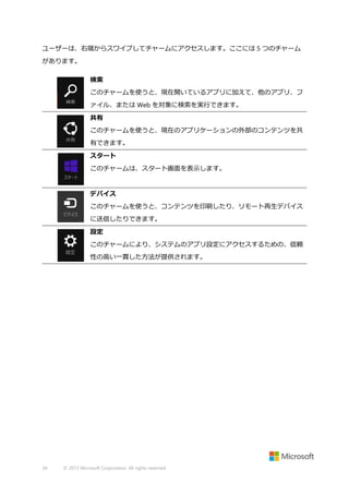 ユーザーは、右端からスワイプしてチャームにアクセスします。ここには 5 つのチャーム
があります。
検索
このチャームを使うと、現在開いているアプリに加えて、他のアプリ、フ
ァイル、または Web を対象に検索を実行できます。
共有
このチャームを使うと、現在のアプリケーションの外部のコンテンツを共
有できます。
スタート
このチャームは、スタート画面を表示します。 ダミー文字、ダミー文
字、ダミー文字
デバイス
このチャームを使うと、コンテンツを印刷したり、リモート再生デバイス
に送信したりできます。
設定
このチャームにより、システムのアプリ設定にアクセスするための、信頼
性の高い一貫した方法が提供されます。

34

© 2013 Microsoft Corporation. All rights reserved.

 