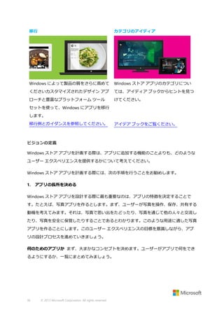 移行

カテゴリのアイディア

Windows によって製品の質をさらに高めて

Windows ストア アプリのカテゴリについ

くださいカスタマイズされたデザイン アプ

ては、アイディア ブックからヒントを見つ

ローチと豊富なプラットフォーム ツール

けてください。

セットを使って、Windows にアプリを移行
します。
移行例とガイダンスを参照してください。

アイデア ブックをご覧ください。

ビジョンの定義
Windows ストア アプリを計画する際は、アプリに追加する機能のことよりも、どのような
ユーザー エクスペリエンスを提供するかについて考えてください。
Windows ストア アプリを計画する際には、次の手順を行うことをお勧めします。
1.

アプリの長所を決める

Windows ストア アプリを設計する際に最も重要なのは、アプリの特徴を決定することで
す。たとえば、写真アプリを作るとします。まず、ユーザーが写真を操作、保存、共有する
動機を考えてみます。それは、写真で思い出をたどったり、写真を通じて他の人々と交流し
たり、写真を安全に保管したりすることであるとわかります。このような用途に適した写真
アプリを作ることにします。このユーザー エクスペリエンスの目標を意識しながら、アプ
リの設計プロセスを進めていきましょう。
何のためのアプリか まず、大まかなコンセプトを決めます。ユーザーがアプリで何をでき
るようにするか、一覧にまとめてみましょう。

36

© 2013 Microsoft Corporation. All rights reserved.

 