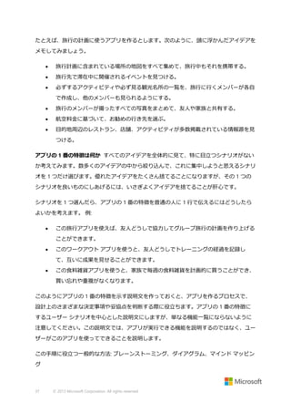 たとえば、旅行の計画に使うアプリを作るとします。次のように、頭に浮かんだアイデアを
メモしてみましょう。


旅行計画に含まれている場所の地図をすべて集めて、旅行中もそれを携帯する。



旅行先で滞在中に開催されるイベントを見つける。



必ずするアクティビティや必ず見る観光名所の一覧を、旅行に行くメンバーが各自
で作成し、他のメンバーも見られるようにする。



旅行のメンバーが撮ったすべての写真をまとめて、友人や家族と共有する。



航空料金に基づいて、お勧めの行き先を選ぶ。



目的地周辺のレストラン、店舗、アクティビティが多数掲載されている情報源を見
つける。

アプリの 1 番の特徴は何か すべてのアイデアを全体的に見て、特に目立つシナリオがない
か考えてみます。数多くのアイデアの中から絞り込んで、これに集中しようと思えるシナリ
オを 1 つだけ選びます。優れたアイデアをたくさん捨てることになりますが、その 1 つの
シナリオを良いものにしあげるには、いさぎよくアイデアを捨てることが肝心です。
シナリオを 1 つ選んだら、アプリの 1 番の特徴を普通の人に 1 行で伝えるにはどうしたら
よいかを考えます。 例:


この旅行アプリを使えば、友人どうしで協力してグループ旅行の計画を作り上げる
ことができます。



このワークアウト アプリを使うと、友人どうしでトレーニングの経過を記録し
て、互いに成果を見せることができます。



この食料雑貨アプリを使うと、家族で毎週の食料雑貨を計画的に買うことができ、
買い忘れや重複がなくなります。

このようにアプリの 1 番の特徴を示す説明文を作っておくと、アプリを作るプロセスで、
設計上のさまざまな決定事項や妥協点を判断する際に役立ちます。アプリの 1 番の特徴に
するユーザー シナリオを中心とした説明文にしますが、単なる機能一覧にならないように
注意してください。この説明文では、アプリが実行できる機能を説明するのではなく、ユー
ザーがこのアプリを使ってできることを説明します。
この手順に役立つ一般的な方法: ブレーンストーミング、ダイアグラム、マインド マッピン
グ

37

© 2013 Microsoft Corporation. All rights reserved.

 
