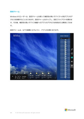 設定チャーム
Windows 8 のユーザーは、設定チャームを使って機密性の高いデバイスへの各アプリのア
クセスを制御することもできます。設定チャームをタップし、設定フライアウトを開きま
す。その後、機密性の高いデバイス機能へのアプリのアクセスを有効または無効にできま
す。
設定チャームは、以下の画像に示すように、アプリの右側にあります。

406

© 2013 Microsoft Corporation. All rights reserved.

 