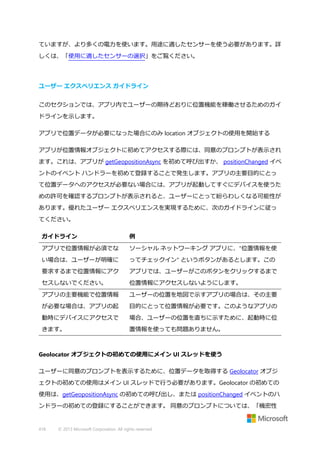 ていますが、より多くの電力を使います。用途に適したセンサーを使う必要があります。詳
しくは、「使用に適したセンサーの選択」をご覧ください。

ユーザー エクスペリエンス ガイドライン
このセクションでは、アプリ内でユーザーの期待どおりに位置機能を稼働させるためのガイ
ドラインを示します。
アプリで位置データが必要になった場合にのみ location オブジェクトの使用を開始する
アプリが位置情報オブジェクトに初めてアクセスする際には、同意のプロンプトが表示され
ます。これは、アプリが getGeopositionAsync を初めて呼び出すか、 positionChanged イベ
ントのイベント ハンドラーを初めて登録することで発生します。アプリの主要目的にとっ
て位置データへのアクセスが必要ない場合には、アプリが起動してすぐにデバイスを使うた
めの許可を確認するプロンプトが表示されると、ユーザーにとって紛らわしくなる可能性が
あります。優れたユーザー エクスペリエンスを実現するために、次のガイドラインに従っ
てください。
ガイドライン

例

アプリで位置情報が必須でな

ソーシャル ネットワーキング アプリに、"位置情報を使

い場合は、ユーザーが明確に

ってチェックイン" というボタンがあるとします。この

要求するまで位置情報にアク

アプリでは、ユーザーがこのボタンをクリックするまで

セスしないでください。

位置情報にアクセスしないようにします。

アプリの主要機能で位置情報

ユーザーの位置を地図で示すアプリの場合は、その主要

が必要な場合は、アプリの起

目的にとって位置情報が必要です。このようなアプリの

動時にデバイスにアクセスで

場合、ユーザーの位置を直ちに示すために、起動時に位

きます。

置情報を使っても問題ありません。

Geolocator オブジェクトの初めての使用にメイン UI スレッドを使う
ユーザーに同意のプロンプトを表示するために、位置データを取得する Geolocator オブジ
ェクトの初めての使用はメイン UI スレッドで行う必要があります。Geolocator の初めての
使用は、getGeopositionAsync の初めての呼び出し、または positionChanged イベントのハ
ンドラーの初めての登録にすることができます。 同意のプロンプトについては、「機密性

418

© 2013 Microsoft Corporation. All rights reserved.

 