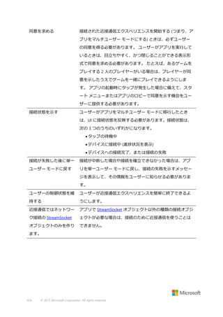 同意を求める

接続された近接通信エクスペリエンスを開始する (つまり、ア
プリをマルチユーザー モードにする) ときは、必ずユーザー
の同意を得る必要があります。 ユーザーがアプリを実行して
いるときは、目立ちやすく、かつ閉じることができる表示形
式で同意を求める必要があります。 たとえば、あるゲームを
プレイする 2 人のプレイヤーがいる場合は、プレイヤーが同
意を示したうえでゲームを一緒にプレイできるようにしま
す。 アプリの起動時にタップが発生した場合に備えて、スタ
ート メニューまたはアプリのロビーで同意を示す機会をユー
ザーに提供する必要があります。

接続状態を示す

ユーザーがアプリをマルチユーザー モードに移行したとき
は、UI に接続状態を反映する必要があります。接続状態は、
次の 3 つのうちのいずれかになります。
 タップの待機中
 デバイスに接続中 (進捗状況を表示)
 デバイスへの接続完了、または接続の失敗

接続が失敗した後に単一

接続が中断した場合や接続を確立できなかった場合は、アプ

ユーザー モードに戻す

リを単一ユーザー モードに戻し、接続の失敗を示すメッセー
ジを表示して、その情報をユーザーに知らせる必要がありま
す。

ユーザーの制御状態を維

ユーザーが近接通信エクスペリエンスを簡単に終了できるよ

持する

うにします。

近接通信ではネットワー

アプリで StreamSocket オブジェクト以外の種類の接続オブジ

ク接続の StreamSocket

ェクトが必要な場合は、接続のために近接通信を使うことは

オブジェクトのみを作り

できません。

ます。

426

© 2013 Microsoft Corporation. All rights reserved.

 