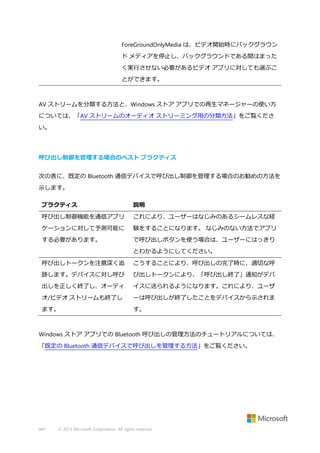 ForeGroundOnlyMedia は、ビデオ開始時にバックグラウン
ド メディアを停止し、バックグラウンドである間はまった
く実行させない必要があるビデオ アプリに対しても選ぶこ
とができます。

AV ストリームを分類する方法と、Windows ストア アプリでの再生マネージャーの使い方
については、「AV ストリームのオーディオ ストリーミング用の分類方法」をご覧くださ
い。

呼び出し制御を管理する場合のベスト プラクティス
次の表に、既定の Bluetooth 通信デバイスで呼び出し制御を管理する場合のお勧めの方法を
示します。
プラクティス

説明

呼び出し制御機能を通信アプリ

これにより、ユーザーはなじみのあるシームレスな経

ケーションに対して予測可能に

験をすることになります。 なじみのない方法でアプリ

する必要があります。

で呼び出しボタンを使う場合は、ユーザーにはっきり
とわかるようにしてください。

呼び出しトークンを注意深く追

こうすることにより、呼び出しの完了時に、適切な呼

跡します。デバイスに対し呼び

び出しトークンにより、「呼び出し終了」通知がデバ

出しを正しく終了し、オーディ

イスに送られるようになります。これにより、ユーザ

オ/ビデオ ストリームも終了し

ーは呼び出しが終了したことをデバイスから示されま

ます。

す。

Windows ストア アプリでの Bluetooth 呼び出しの管理方法のチュートリアルについては、
「既定の Bluetooth 通信デバイスで呼び出しを管理する方法」をご覧ください。

441

© 2013 Microsoft Corporation. All rights reserved.

 