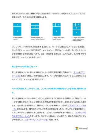 替え前のページに既に [戻る] ボタンがある場合、そのボタンは切り替えアニメーションの
対象にせず、そのままの位置を維持します。

アプリ ウィンドウのサイズを変更するときには、ページ切り替えアニメーションを実行し
ないでください。ページ切り替えアニメーションは、特定のビューを使っているときにペー
ジ間で移動する場合に限られます。ビューが変わるときには、システムがレイアウトの切り
替えのアニメーションを処理します。

異なるページの背景のフェード
差し替え前のページと差し替え後のページとの間で背景が異なる場合には、フェード アニ
メーションを使って新しい背景を表示します。ページ切り替えアニメーションと同時にフェ
ード イン アニメーションを開始します。

ページ切り替えアニメーションは、コンテンツの表示の準備が整っている場合に限り使いま
す。
差し替え後のページの一部のコンテンツが表示にすぐに表示できる状態にない場合には、ペ
ージ切り替えアニメーションを使うとその時点で準備ができているコンテンツが流し込まれ
ます。その間に必要があれば、残りのコンテンツを準備している間に [プログレス コントロ
ール] を表示します。残りのコンテンツの表示の準備が整ったら、コンテンツ領域に基づい
てアニメーションを使って流し込みます。コンテンツ領域が大きい場合には、コンテンツ切
り替えアニメーションを使います。コンテンツ領域が小さい場合や、連続性のないコンテン
ツの場合には、フェード イン アニメーションを使います。

449

© 2013 Microsoft Corporation. All rights reserved.

 