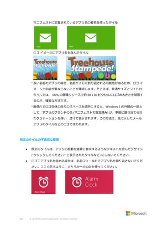 マニフェストに定義されているアプリ名の要素を使ったタイル

ロゴ イメージにアプリ名を含んだタイル

 長い名前のアプリの場合、名前が 2 行に折り返される可能性があるため、ロゴ イ
メージと名前が重ならないことを確認します。たとえば、普通サイズとワイドの
タイルでは、100% の画像リソースで約 80 x 80 ピクセルにロゴの大きさを制限す
るのが、確実な方法です。
 画像内でロゴ自体の周りのスペースを透明にすると、Windows 8 の外観の一部と
して、アプリのブランドの色 (マニフェストで宣言済み) が、事前に割り当てられ
たグラデーションを伴い、透けて表示されます。この方法は、先に示したメール
アプリのタイルなどのロゴで使われます。

規定のタイルの不適切な使用
•

既定のタイルは、アプリの起動を露骨に要求するようなテキストを含んだデザイン
("クリックしてください!" と表示されたタイルなど) にしないでください。

•

ロゴにアプリ名を含める場合は、名前フィールドでアプリ名を繰り返さないでくだ
さい。ここで示すように、どちらか一方のみを使ってください。

463

© 2013 Microsoft Corporation. All rights reserved.

 