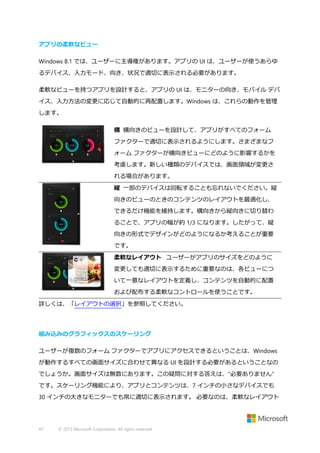 アプリの柔軟なビュー
Windows 8.1 では、ユーザーに主導権があります。アプリの UI は、ユーザーが使うあらゆ
るデバイス、入力モード、向き、状況で適切に表示される必要があります。
柔軟なビューを持つアプリを設計すると、アプリの UI は、モニターの向き、モバイル デバ
イス、入力方法の変更に応じて自動的に再配置します。Windows は、これらの動作を管理
します。
横 横向きのビューを設計して、アプリがすべてのフォーム
ファクターで適切に表示されるようにします。さまざまなフ
ォーム ファクターが横向きビューにどのように影響するかを
考慮します。新しい種類のデバイスでは、画面領域が変更さ
れる場合があります。
縦 一部のデバイスは回転することも忘れないでください。縦
向きのビューのときのコンテンツのレイアウトを最適化し、
できるだけ機能を維持します。横向きから縦向きに切り替わ
ることで、アプリの幅が約 1/3 になります。したがって、縦
向きの形式でデザインがどのようになるか考えることが重要
です。
柔軟なレイアウト ユーザーがアプリのサイズをどのように
変更しても適切に表示するために重要なのは、各ビューにつ
いて一意なレイアウトを定義し、コンテンツを自動的に配置
および配布する柔軟なコントロールを使うことです。
詳しくは、「レイアウトの選択」を参照してください。

組み込みのグラフィックスのスケーリング
ユーザーが複数のフォーム ファクターでアプリにアクセスできるということは、Windows
が動作するすべての画面サイズに合わせて異なる UI を設計する必要があるということなの
でしょうか。画面サイズは無数にあります。この疑問に対する答えは、"必要ありません"
です。スケーリング機能により、アプリとコンテンツは、7 インチの小さなデバイスでも
30 インチの大きなモニターでも常に適切に表示されます。 必要なのは、柔軟なレイアウト

47

© 2013 Microsoft Corporation. All rights reserved.

 