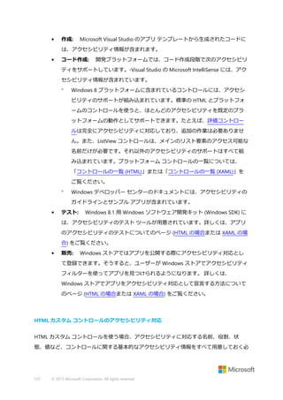 •

作成:

Microsoft Visual Studio のアプリ テンプレートから生成されたコードに

は、アクセシビリティ情報が含まれます。
•

コード作成:

開発プラットフォームでは、コード作成段階で次のアクセシビリ

ティをサポートしています。◦Visual Studio の Microsoft IntelliSense には、アク
セシビリティ情報が含まれています。


Windows 8 プラットフォームに含まれているコントロールには、アクセシ
ビリティのサポートが組み込まれています。標準の HTML とプラットフォ
ームのコントロールを使うと、ほとんどのアクセシビリティを既定のプラ
ットフォームの動作としてサポートできます。たとえば、評価コントロー
ルは完全にアクセシビリティに対応しており、追加の作業は必要ありませ
ん。また、ListView コントロールは、メインのリスト要素のアクセス可能な
名前だけが必要です。それ以外のアクセシビリティのサポートはすべて組
み込まれています。プラットフォーム コントロールの一覧については、
「コントロールの一覧 (HTML)」または「コントロールの一覧 (XAML)」を
ご覧ください。



Windows デベロッパー センターのドキュメントには、アクセシビリティの
ガイドラインとサンプル アプリが含まれています。

•

テスト:

Windows 8.1 用 Windows ソフトウェア開発キット (Windows SDK) に

は、アクセシビリティのテスト ツールが用意されています。詳しくは、アプリ
のアクセシビリティのテストについてのページ (HTML の場合または XAML の場
合) をご覧ください。
•

販売:

Windows ストアではアプリを公開する際にアクセシビリティ対応とし

て登録できます。そうすると、ユーザーが Windows ストアでアクセシビリティ
フィルターを使ってアプリを見つけられるようになります。 詳しくは、
Windows ストアでアプリをアクセシビリティ対応として宣言する方法について
のページ (HTML の場合または XAML の場合) をご覧ください。

HTML カスタム コントロールのアクセシビリティ対応
HTML カスタム コントロールを使う場合、アクセシビリティに対応する名前、役割、状
態、値など、コントロールに関する基本的なアクセシビリティ情報をすべて用意しておく必

537

© 2013 Microsoft Corporation. All rights reserved.

 