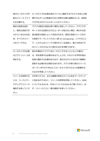 他のローカライズ可

ローカライズが必要な他のファイル (翻訳するテキストを含んだ画

能なリソース ファイ

像やカルチャ上の配慮のために変更が必要な画像など) は、言語名

ルを分離する。

でタグ化されたフォルダーに入れてください。

既定の言語を設定

アプリの既定の言語は常に適切に設定してください。アプリでサ

し、既定の言語で作

ポートされる言語のどれもユーザーが話さない場合、使われる言

られているものも含

語は既定の言語によって決定されます。既定の言語リソースをそ

め、すべてのリソー

の言語でマークしてください (例: en-us/Logo.png)。こうすること

スをマークする。

で、システムはリソースで使われている言語と、個々の状況でそ
のリソースがどのように使われるかを判断できます。

ローカライズが必要

他の市場向けにアプリをローカライズすることになった場合に

なアプリ リソースを

は、何を変更する必要があるでしょうか。テキスト文字列を他の

特定する。

言語に翻訳する必要があります。他のカルチャに合わせて画像を
変更する必要がある場合もあります。アプリが使う他のリソース
(オーディオやビデオなど) にローカライズがどのような影響を与
えるかを考慮してください。

リソースを参照する

文字列リテラル、または画像の特定のファイル名をマークアップ

には、コードとマー

に含めるのではなく、リソースの参照を利用してください。XAML

クアップでリソース

については [link] を、HTML については [link] をご覧ください。必

識別子を使ってくだ

ず、リソースごとに一意の識別子を使ってください。

さい。

544

© 2013 Microsoft Corporation. All rights reserved.

 
