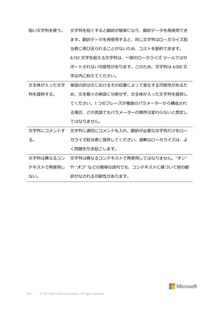 短い文字列を使う。

文字列を短くすると翻訳が簡単になり、翻訳データを再使用でき
ます。翻訳データを再使用すると、同じ文字列はローカライズ担
当者に再び送られることがないため、コストを節約できます。
8,192 文字を超える文字列は、一部のローカライズ ツールではサ
ポートされない可能性があります。このため、文字列は 4,000 文
字以内に抑えてください。

文全体が入った文字

単語の訳は文におけるその位置によって変化する可能性があるた

列を提供する。

め、文を個々の単語に分割せず、文全体が入った文字列を提供し
てください。1 つのフレーズが複数のパラメーターから構成され
る場合、どの言語でもパラメーターの順序は変わらないと想定し
てはなりません。

文字列にコメントす

文字列に適切にコメントを入れ、翻訳が必要な文字列だけをロー

る。

カライズ担当者に提供してください。過剰なローカライズは、よ
く問題を引き起こします。

文字列は異なるコン

文字列は異なるコンテキストで再使用してはなりません。"オン"

テキストで再使用し

や "オフ" などの簡単な語句でも、コンテキストに基づいて別の翻

ない。

訳がなされる可能性があります。

546

© 2013 Microsoft Corporation. All rights reserved.

 