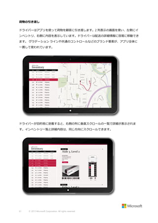 荷物の引き渡し
ドライバーはアプリを使って荷物を顧客に引き渡します。2 列表示の画面を使い、左側にイ
ンベントリ、右側に内容を表示しています。ドライバーは配送の詳細情報に容易に移動でき
ます。 グラデーション ラインや共通のコントロールなどのブランド要素が、アプリ全体に
一貫して使われています。

ドライバーが目的地に到着すると、右側の列に垂直スクロールの一覧で詳細が表示されま
す。インベントリ一覧と詳細内容は、同じ方向にスクロールできます。

61

© 2013 Microsoft Corporation. All rights reserved.

 