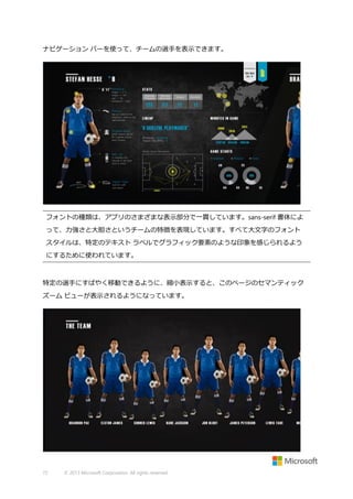 ナビゲーション バーを使って、チームの選手を表示できます。

フォントの種類は、アプリのさまざまな表示部分で一貫しています。sans-serif 書体によ
って、力強さと大胆さというチームの特徴を表現しています。すべて大文字のフォント
スタイルは、特定のテキスト ラベルでグラフィック要素のような印象を感じられるよう
にするために使われています。

特定の選手にすばやく移動できるように、縮小表示すると、このページのセマンティック
ズーム ビューが表示されるようになっています。

72

© 2013 Microsoft Corporation. All rights reserved.

 