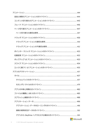 アニメーション ............................................................................................................................................... 444
追加と削除のアニメーションのガイドライン ................................................ 444
コンテンツ切り替えのアニメーションのガイドライン .................................... 445
フェード アニメーションのガイドライン..................................................... 446
ページ切り替えアニメーションのガイドライン ............................................. 447
ページ切り替えの適切な使用 .......................................................................................................... 447
ドラッグ アニメーションのガイドライン..................................................... 450
ドラッグ アニメーションの適切な使用....................................................................................... 450
ドラッグ アニメーションの不適切な使用 .................................................................................. 452
ポインター クリック アニメーションのガイドライン ..................................... 453
位置変更 アニメーションのガイドライン..................................................... 453
ポップアップ UI アニメーションのガイドライン........................................... 453
スワイプ アニメーションのガイドライン..................................................... 454
エッジに基づく UI アニメーションのガイドライン ........................................ 455
アプリのアクティベーション ................................................................................................................... 457
タイル ................................................................................................ 457
タイルとバッジのガイドライン...................................................................................................... 457
セカンダリ タイルのガイドライン ............................................................................................... 479
アプリの中断と再開のガイドライン ........................................................... 482
ファイルの種類と URI のガイドライン ....................................................... 485
スプラッシュ画面のガイドライン .............................................................. 488
アプリケーション データ......................................................................... 496
アプリケーション データのローミングのガイドライン ...................................................... 496
接続の使用状況データのガイドライン ........................................................................................ 502
アプリから SkyDrive へアクセスする場合のガイドライン............................................... 505

9

© 2013 Microsoft Corporation. All rights reserved.

 