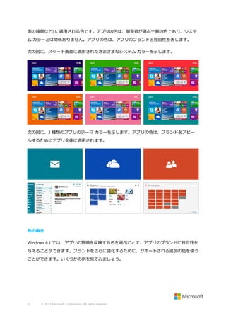 面の背景など) に適用される色です。アプリの色は、開発者が選ぶ一意の色であり、システ
ム カラーとは関係ありません。アプリの色は、アプリのブランドと独自性を表します。
次の図に、スタート画面に適用されたさまざまなシステム カラーを示します。

次の図に、3 種類のアプリのテーマ カラーを示します。アプリの色は、ブランドをアピー
ルするためにアプリ全体に適用されます。

色の働き
Windows 8.1 では、アプリの特徴を反映する色を選ぶことで、アプリのブランドに独自性を
与えることができます。ブランドをさらに強化するために、サポートされる追加の色を使う
ことができます。いくつかの例を見てみましょう。

91

© 2013 Microsoft Corporation. All rights reserved.

 
