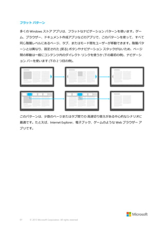 フラット パターン
多くの Windows ストア アプリは、フラットなナビゲーション パターンを使います。ゲー
ム、ブラウザー、ドキュメント作成アプリなどのアプリで、このパターンを使って、すべて
同じ階層レベルにあるページ、タブ、またはモード間をユーザーが移動できます。階層パタ
ーンとは異なり、固定された [戻る] ボタンやナビゲーション スタックがないため、ページ
間の移動は一般にコンテンツ内のダイレクト リンクを使うか (下の最初の例)、ナビゲーシ
ョン バーを使います (下の 2 つ目の例)。

このパターンは、少数のページまたはタブ間での 高速切り替えがある中心的なシナリオに
最適です。たとえば、Internet Explorer、電子ブック、ゲームのような Web ブラウザー ア
プリです。

97

© 2013 Microsoft Corporation. All rights reserved.

 