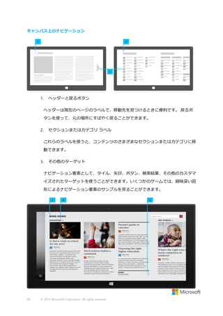 キャンバス上のナビゲーション

1.

ヘッダーと戻るボタン

ヘッダーは現在のページのラベルで、移動先を見つけるときに便利です。 戻るボ
タンを使って、元の場所にすばやく戻ることができます。
2.

セクションまたはカテゴリ ラベル

これらのラベルを使うと、コンテンツのさまざまなセクションまたはカテゴリに移
動できます。
3.

その他のターゲット

ナビゲーション要素として、タイル、矢印、ボタン、検索結果、その他のカスタマ
イズされたターゲットを使うことができます。いくつかのゲームでは、興味深い図
形によるナビゲーション要素のサンプルを見ることができます。

98

© 2013 Microsoft Corporation. All rights reserved.

 