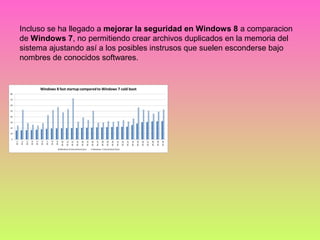 Incluso se ha llegado a mejorar la seguridad en Windows 8 a comparacion
de Windows 7, no permitiendo crear archivos duplicados en la memoria del
sistema ajustando así a los posibles instrusos que suelen esconderse bajo
nombres de conocidos softwares.
 