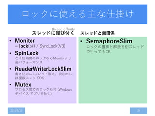 ロックに使える主な仕掛け
thread affinity
スレッドに結び付く
• Monitor
= lock(c#) / SyncLock(VB)
• SpinLock
ごく短時間のロックならMonitorより
高パフォーマンス
• ReaderWriterLockSlim
書き込みは1スレッド限定、読み出し
は複数スレッドOK
• Mutex
プロセス間でのロックも可 (Windows
デバイス アプリを除く)
スレッドと無関係
• SemaphoreSlim
ロックの獲得と解放を別スレッド
で行ってもOK
2014/5/10 26
 