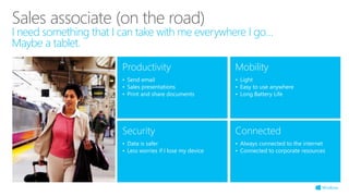 Sales associate (on the road)
I need something that I can take with me everywhere I go…
Maybe a tablet.
Productivity
• Send email
• Sales presentations
• Print and share documents
Mobility
• Light
• Easy to use anywhere
• Long Battery Life
Security
• Data is safer
• Less worries if I lose my device
Connected
• Always connected to the internet
• Connected to corporate resources
 