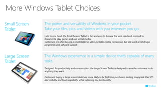 More Windows Tablet Choices
Small Screen
Tablet
Large Screen
Tablet
The power and versatility of Windows in your pocket.
Take your files, pics and videos with you wherever you go.
Held in one hand, the Small Screen Tablet is fun and easy to browse the web, read and respond to
documents, play games and use social media.
Customers are often buying a small tablet as ultra-portable mobile companion, but still want great design,
peripherals and software support.
The Windows experience in a simple device that’s capable of many
tasks.
Designed for productivity and consumption, the Large Screen Tablet is designed to enable customers to do
anything they want.
Customers buying a large screen tablet are more likely to be first time purchasers looking to upgrade their PC,
add mobility and touch capability, while retaining key functionality.
 