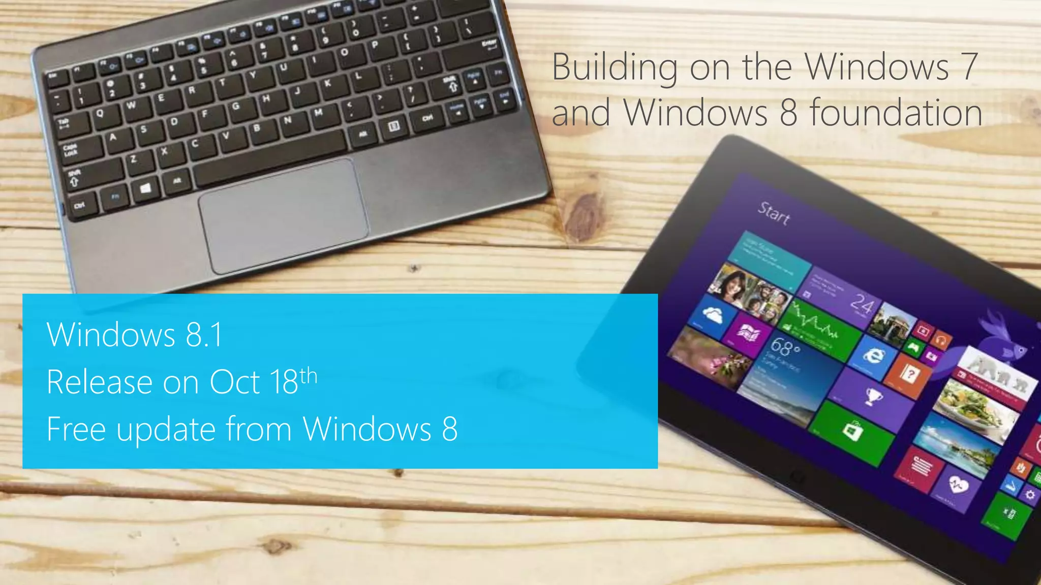 Windows 8.1
Release on Oct 18th
Free update from Windows 8
Building on the Windows 7
and Windows 8 foundation
 
