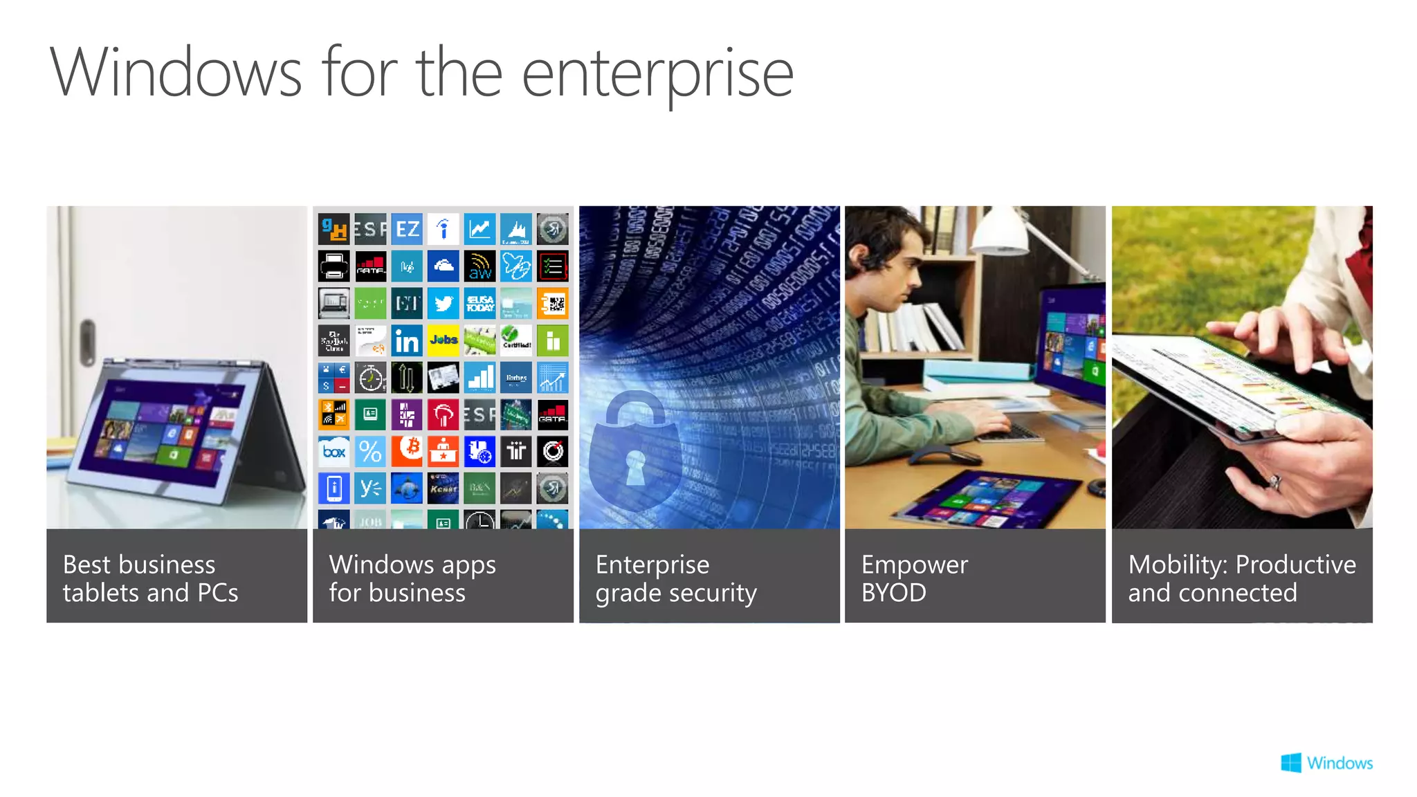 Best business
tablets and PCs
Mobility: Productive
and connected
Empower
BYOD
Enterprise
grade security
Windows apps
for business
Windows for the enterprise
 