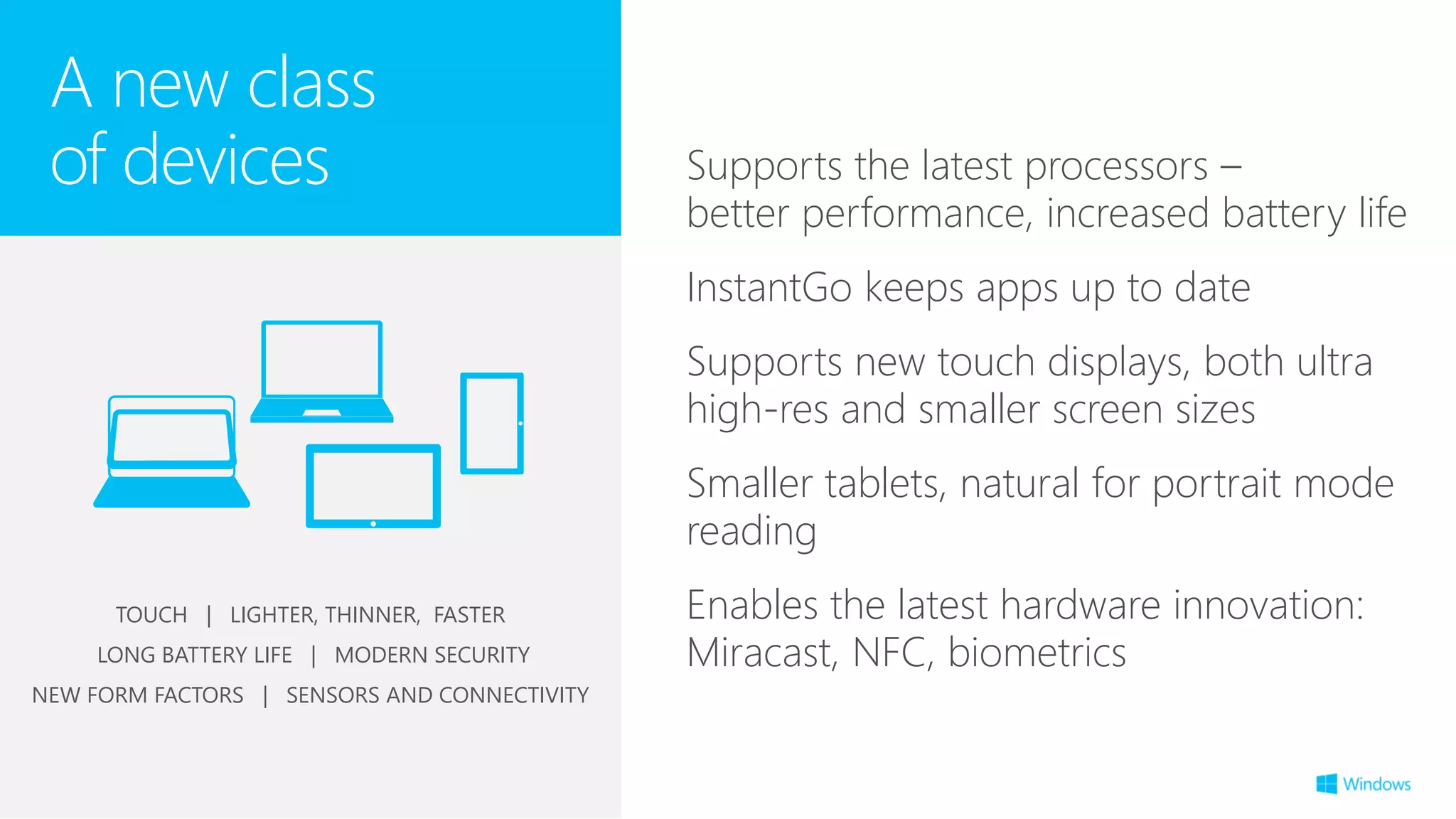 Supports the latest processors –
better performance, increased battery life
InstantGo keeps apps up to date
Supports new touch displays, both ultra
high-res and smaller screen sizes
Smaller tablets, natural for portrait mode
reading
Enables the latest hardware innovation:
Miracast, NFC, biometrics
A new class
of devices
TOUCH | LIGHTER, THINNER, FASTER
LONG BATTERY LIFE | MODERN SECURITY
NEW FORM FACTORS | SENSORS AND CONNECTIVITY
 