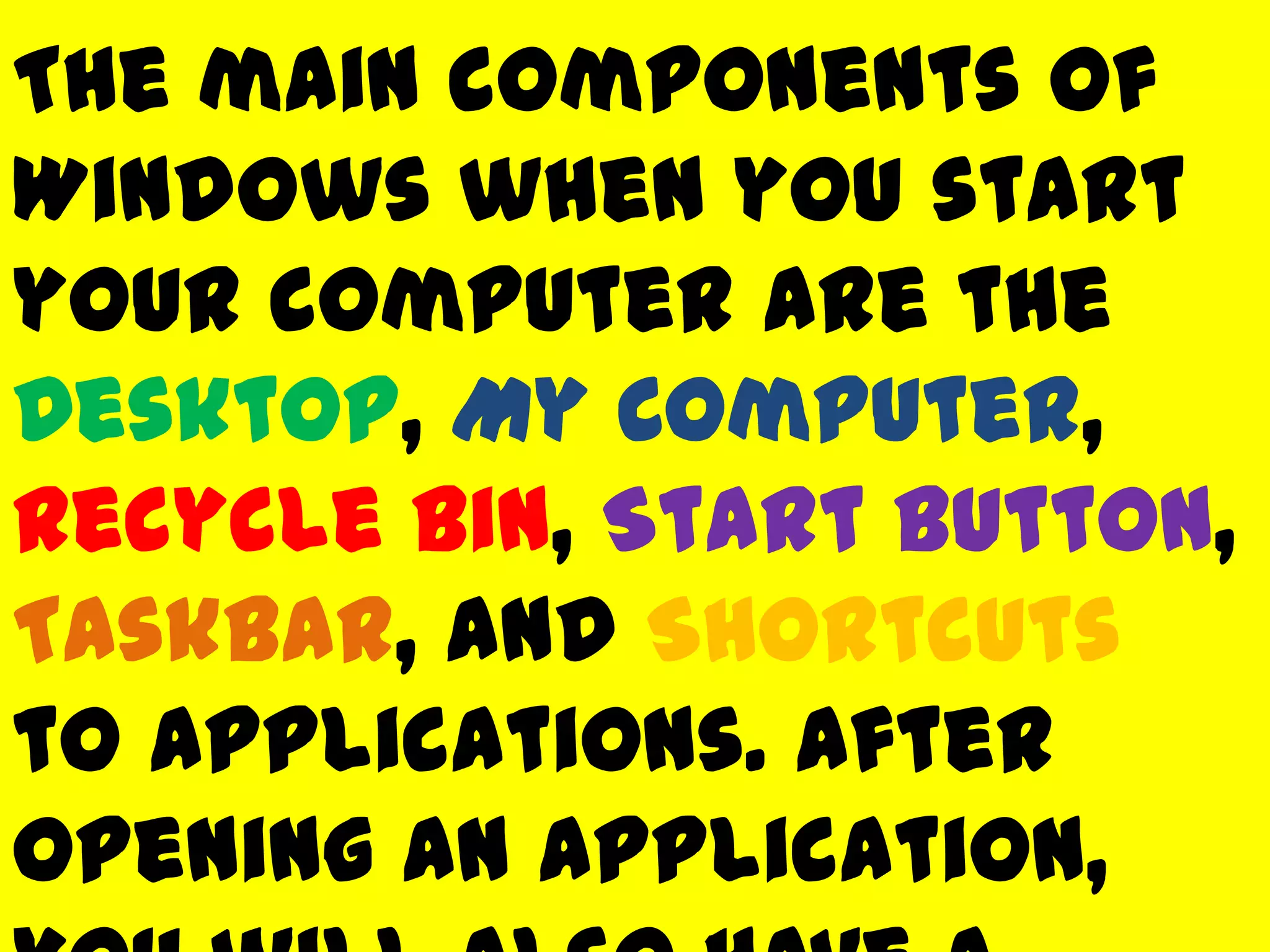 The main components of
Windows when you start
your computer are the
Desktop, My Computer,
Recycle Bin, Start Button,
Taskbar, and Shortcuts
to applications. After
opening an application,
 