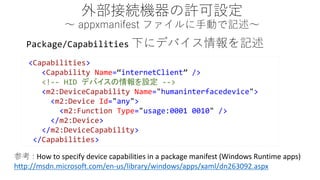 ⲿӾACSO appxmanifestեքӤӛ <Capabilities> <CapabilityName=internetClient/> <!--HID ǥХO--> <m2:DeviceCapabilityName="humaninterfacedevice"> <m2:DeviceId="any"> <m2:FunctionType="usage:0001 0010"/> </m2:Device> </m2:DeviceCapability> </Capabilities> 
Package/Capabilities¤˥ǥХӛ 
ο: How to specify device capabilities in a package manifest (Windows Runtime apps) 
http://msdn.microsoft.com/en-us/library/windows/apps/xaml/dn263092.aspx  