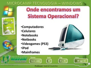 Aula: Pág: Data:
02 05 a 25 30-ago-13TQ133-13001
Turma:
Professor: Gabriel Coutinho
•Computadores
•Celulares
•Notebooks
•Netbooks
•Videogames (PS3)
•iPod
•Mainframes
 