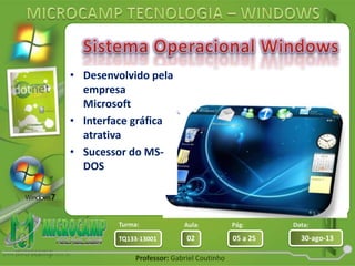 Aula: Pág: Data:
02 05 a 25 30-ago-13TQ133-13001
Turma:
Professor: Gabriel Coutinho
• Desenvolvido pela
empresa
Microsoft
• Interface gráfica
atrativa
• Sucessor do MS-
DOS
 