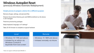 Simple process to prepare a device for a different purpose:
Remove all apps, settings, and personal files
Preserve Azure Active Directory join and MDM enrollment so the device
is still managed
Preserves provisioning packages
Keeps keyboard, language, wi-fi settings*
Takes 20-30 minutes to complete on typical hardware
Windows Autopilot Reset
(previously Windows Automatic Redeployment)
Local
• Windows 10 1709 and above
• Initiated by an admin via
Windows-Control-R
keystroke from lock screen
Remote
• Windows 10 1809 and above
• Initiated remotely via Intune
 