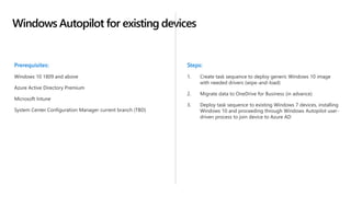Windows Autopilot for existing devices
Prerequisites:
Windows 10 1809 and above
Azure Active Directory Premium
Microsoft Intune
System Center Configuration Manager current branch (TBD)
Steps:
1. Create task sequence to deploy generic Windows 10 image
with needed drivers (wipe-and-load)
2. Migrate data to OneDrive for Business (in advance)
3. Deploy task sequence to existing Windows 7 devices, installing
Windows 10 and proceeding through Windows Autopilot user-
driven process to join device to Azure AD
 
